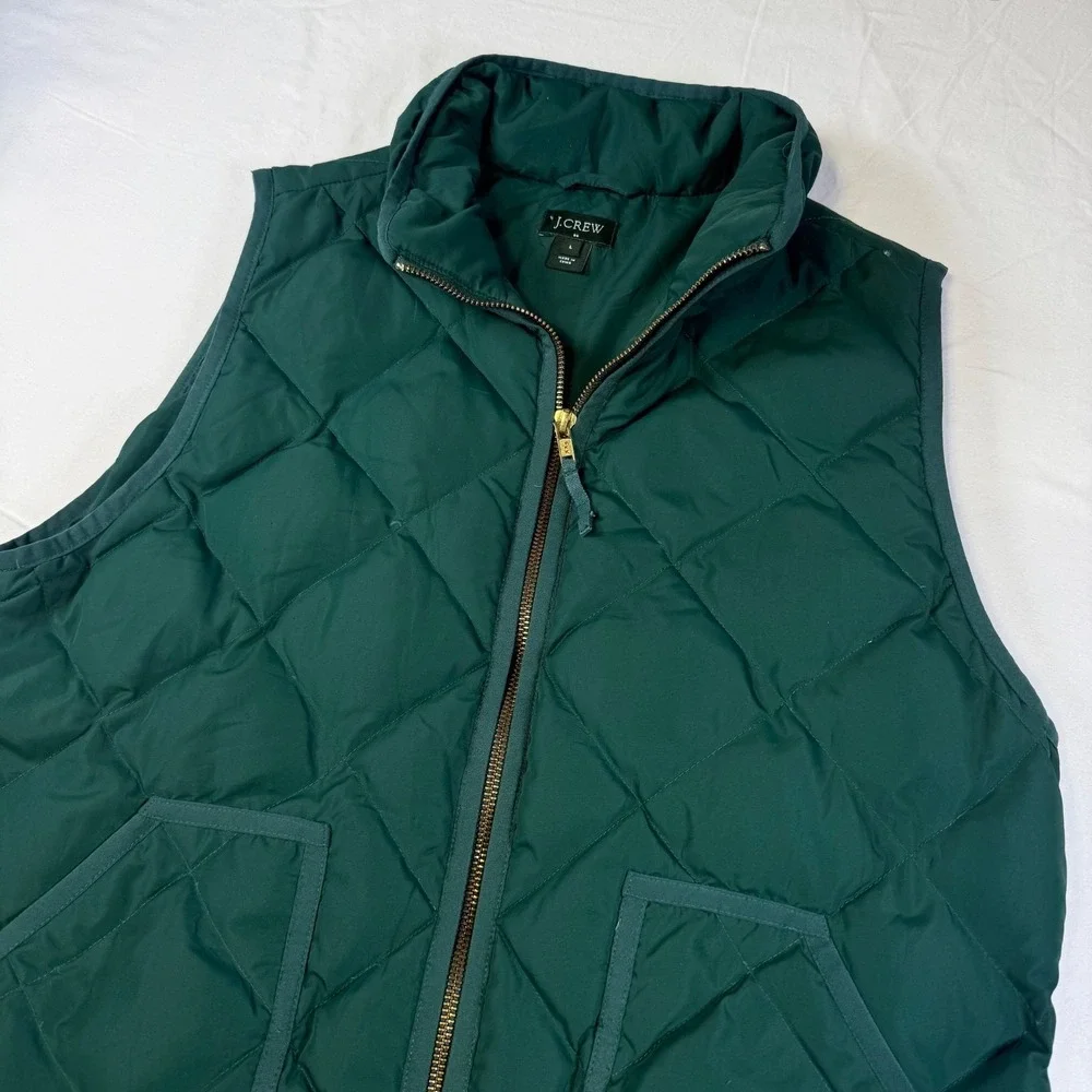 J. Crew Down Quilted Vest Women's Size Large Green Double‎ Zipper Pockets